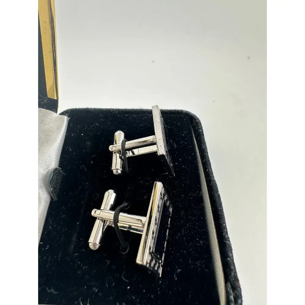 Men’s Silver Black Rectangle Cufflinks Set w/ Gift Box Formal Dress Shirt
